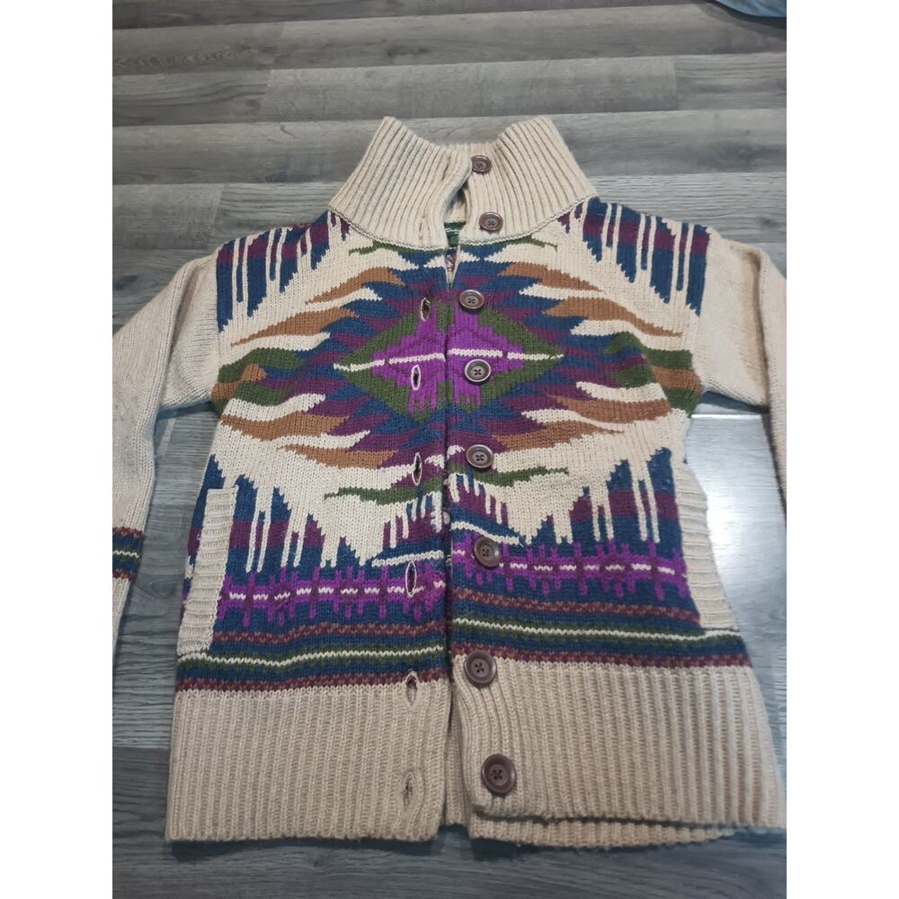 Eddie Bauer Hand Knit Shawl Cardigan Sweater M Aztec Southwest Wool Alpaca - Picture 2 of 13
